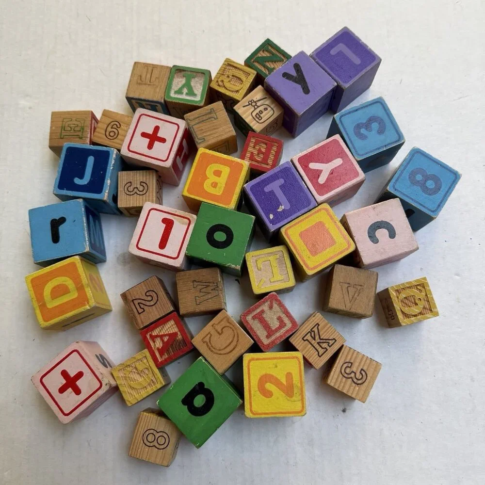 Vintage Alphabet Numbers Animals Wood Stacking Blocks Wood‎ Toys 2 Sizes